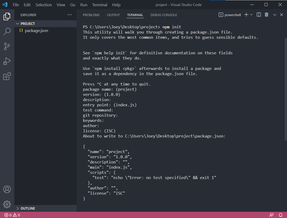 Screenshot of workspace after initialization