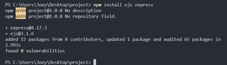 Screenshot of ejs command