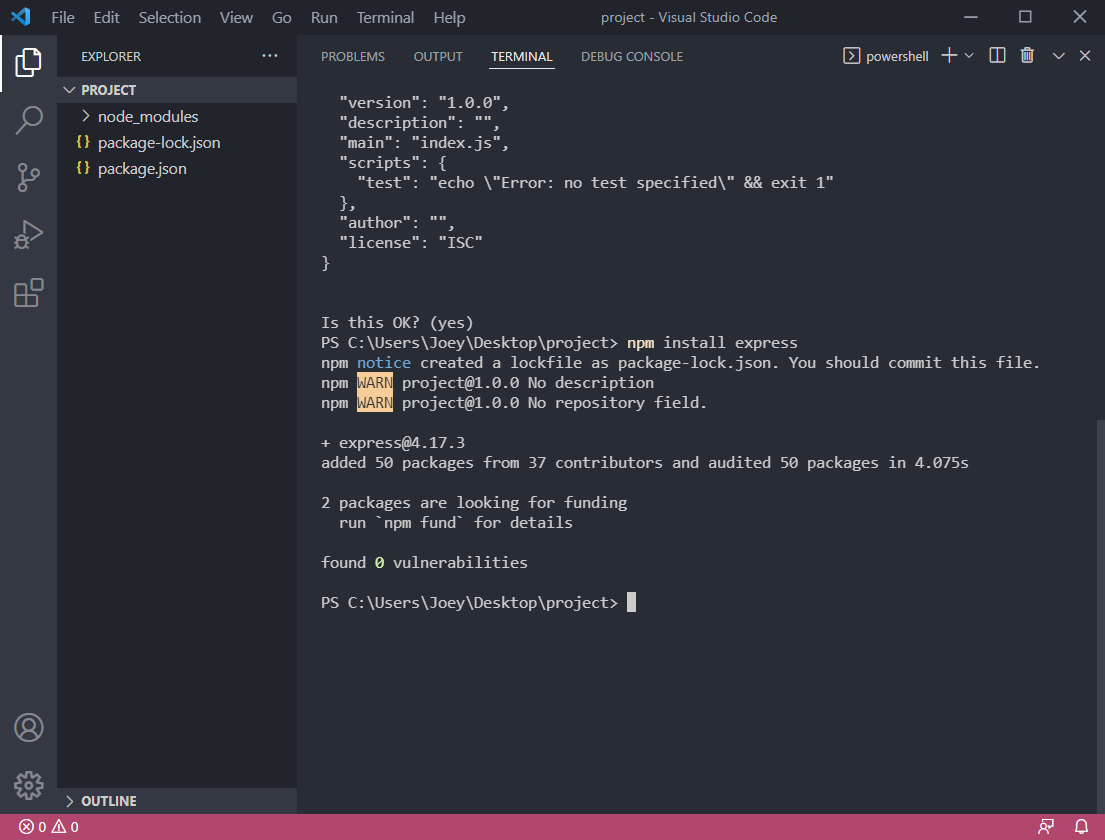 Screenshot of workspace after install express
