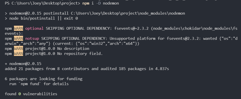 Screenshot of nodemon installation in the terminal